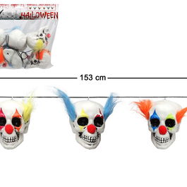 Guirnalda Halloween avec crânes de clown - 153 cm - Décoration macabre pour fête d'Halloween et événement terrifiant
