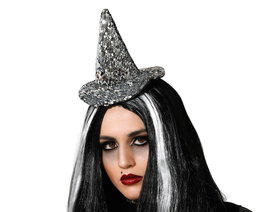 Diadème de sorcière avec chapeau en argent brillant à paillettes - Accessoire de fête pour Halloween et soirée fantaisie