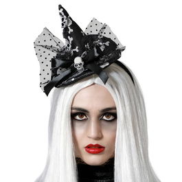 Bandeau de Sorcière Noir avec Crânes et Tulle Transparent, Accessoire de Déguisement pour Halloween et Fêtes Gothiques