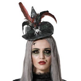 Bandeau De Sorcière Gris Avec Plumes Et Araignée Brillance - Accessoire Déguisement Halloween Gothique