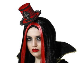 Diadema Halloween Diadème avec Chapeau Haut-de-Forme Rouge et Noir - Accessoire pour Vampiresa, Diva Burlesque, Cosplay et Fêtes