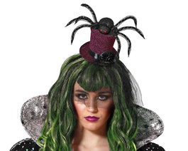 Diadema Accessoire Halloween - Diadème Chapeau de Sorcière Violet avec Grande Araignée et Voile Toile d'Araignée - Pour Déguisement