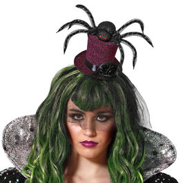 Diadema Accessoire Halloween - Diadème Chapeau de Sorcière Violet avec Grande Araignée et Voile Toile d'Araignée - Pour Déguisement
