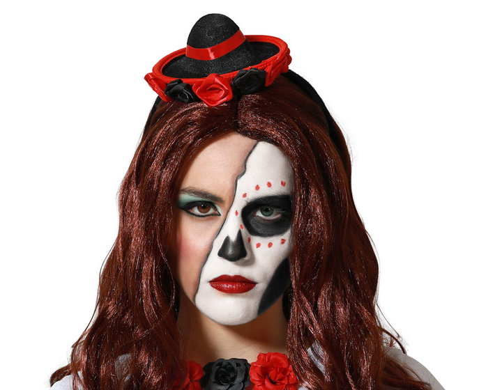 Diadème Halloween à Fleurs - Accessoire Déguisement Catrina Mariachi Rouge et Noir pour Fête des Morts et Thème Mexicain Diadème Halloween à Fleurs - Accessoire Déguisement Catrina Mariachi Rouge et Noir pour Fête des Morts et Thème Mexicain