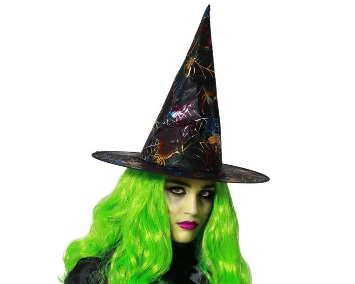 Sombrero de sorcière pointu avec toile d'araignée multicolore brillante pour Halloween, déguisement et fêtes Sombrero de sorcière pointu avec toile d'araignée multicolore brillante pour Halloween, déguisement et fêtes