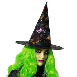 Sombrero de sorcière pointu avec toile d'araignée multicolore brillante pour Halloween, déguisement et fêtes