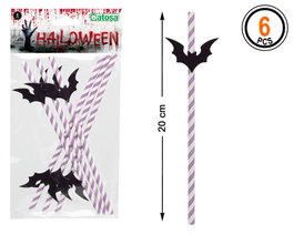Pailles en carton avec chauves-souris Halloween pack de 6 unités