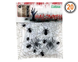 Atosa Toile d'araignée de décoration Halloween blanche 20 g avec araignées noires