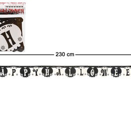 Guirnalda en papier décorative Halloween Happy Halloween 230 cm, noir et blanc, décoration de fête