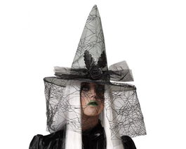Chapeau de Sorcière Gris avec Voile Toile d'Araignée et Rose Foncée - Accessoire Costume Halloween