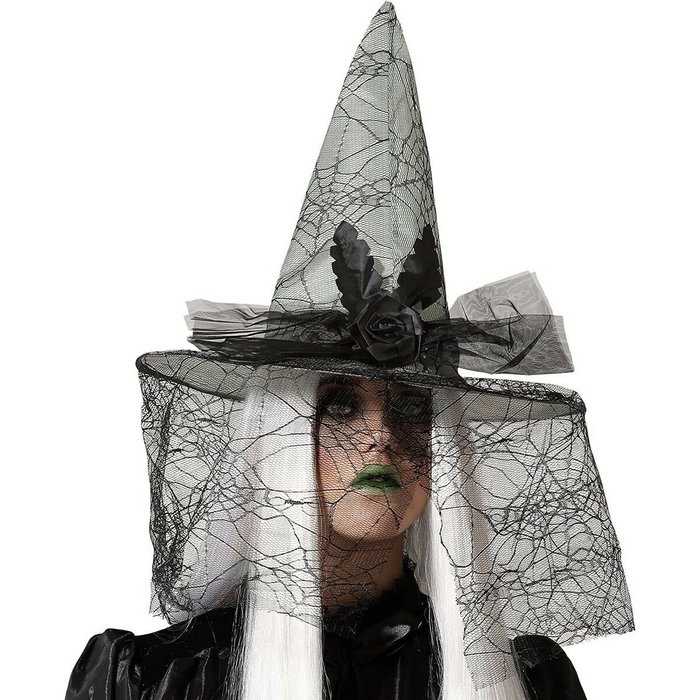 BigBuy Carnival Chapeau de Sorcière Gris avec Voile Toile d'araignée et Rose Foncée