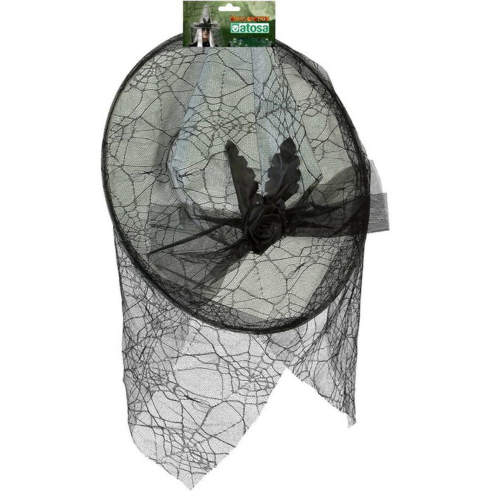 BigBuy Carnival Chapeau de Sorcière Gris avec Voile Toile d'araignée et Rose Foncée