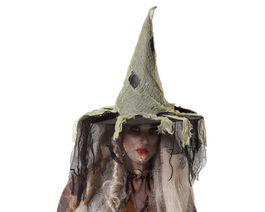 Sombrero de sorcière marécageuse, vert, aspect vieilli avec haillons et filet noir - Déguisement Halloween et théâtre