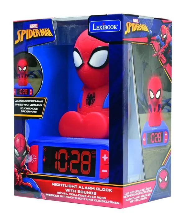 Lexibook Réveil Veilleuse Digital Spiderman pour Enfant - 3D Lumineux et Sonore - Ecran LCD - Alarme avec Effets Sonores Marvel - Rouge et Bleu