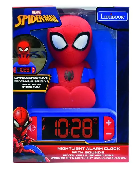 Lexibook Réveil Veilleuse Digital Spiderman pour Enfant - 3D Lumineux et Sonore - Ecran LCD - Alarme avec Effets Sonores Marvel - Rouge et Bleu