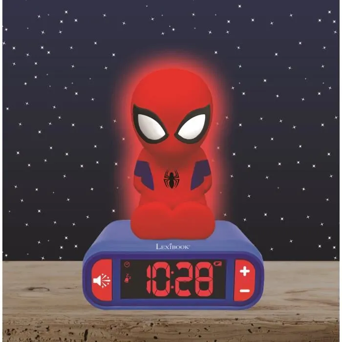 Lexibook Réveil Veilleuse Digital Spiderman pour Enfant - 3D Lumineux et Sonore - Ecran LCD - Alarme avec Effets Sonores Marvel - Rouge et Bleu