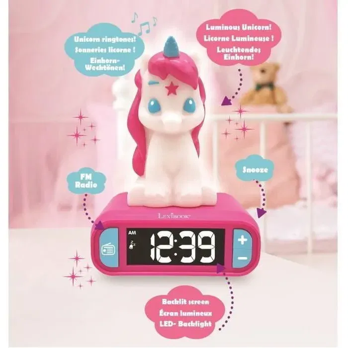 Lexibook - Réveil-Veilleuse Licorne Digital 3D Sonore et Lumineux Blanc et Rose avec 6 Sonneries - Pour Enfant