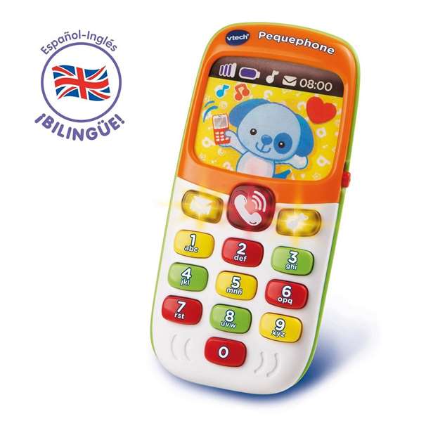 Vtech Pequephone - Téléphone Jouet Bilingue (Espagnol/Anglais) avec Lumières, Sons, 8 Mélodies et 2 Chansons - Pour Enfant 12 à 36 Mois - Dimensions 14,8x10,6x7,5 cm Vtech Pequephone - Téléphone Jouet Bilingue (Espagnol/Anglais) avec Lumières, Sons, 8 Mélodies et 2 Chansons - Pour Enfant 12 à 36 Mois - Dimensions 14,8x10,6x7,5 cm