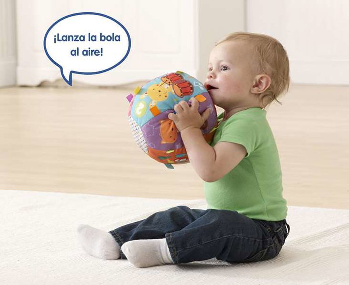 Vtech - Balle musicale pour bébé avec textures variées, 15 mélodies, 5 chansons, 18 cm - Jouet d'éveil espagnol - Fonctionne avec piles AAA (incluses)