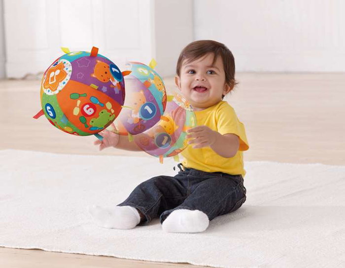 Vtech - Balle musicale pour bébé avec textures variées, 15 mélodies, 5 chansons, 18 cm - Jouet d'éveil espagnol - Fonctionne avec piles AAA (incluses)