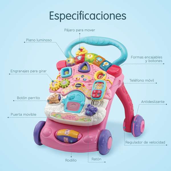VTech Andador Comienzandar - Andeur 2 en 1 Rose avec Tableau Extraible, Sons et Lumières - Pliant - Âge 9-36 Mois - 46 x 33 x 45 cm