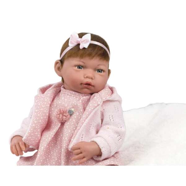 Muñecas Guca Poupée Reborn Daniela cheveux bruns, robe rose à pois blancs avec coussin Muñecas Guca Poupée Reborn Daniela cheveux bruns, robe rose à pois blancs avec coussin