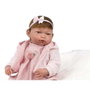 Muñecas Guca Poupée Reborn Daniela cheveux bruns, robe rose à pois blancs avec coussin