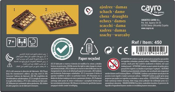 Cayro - Jeu d'échecs et de dames magnétique 16x16 cm, plateau double face, 2 jeux de société en 1, en plastique