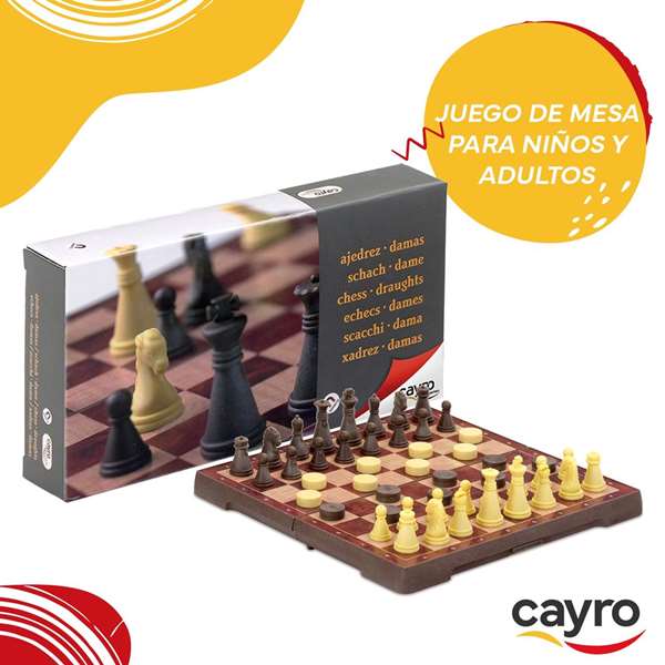 Cayro - Jeu d'échecs et de dames magnétique 16x16 cm, plateau double face, 2 jeux de société en 1, en plastique