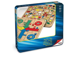 Cayro - Jeu de société en bois Parchis et l'Oie (Jeu de l'Oie) dans boîte métal 25,5 x 25,5 cm - Jeu familial - Version multilingue