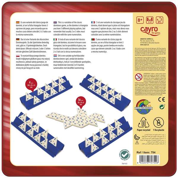 Cayro Jeu de dominos triangulaire en métal avec 56 pièces et 4 supports - 27 x 27 x 5,7 cm