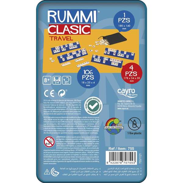 Cayro Juego Rummi Classic - Jeu de Rummikub de voyage en boîte métal - Version multilingue (Espagnol, Anglais, Français, Italien, Portugais, Allemand)