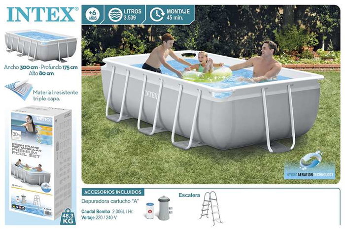 Intex Piscine Rectangulaire Démontable Prism Frame avec Pompe Filtration et Échelle, Capacité 3539 Litres, Dimensions 300 x 175 x 80 cm, PVC, à partir de 6 ans Intex Piscine Rectangulaire Démontable Prism Frame avec Pompe Filtration et Échelle, Capacité 3539 Litres, Dimensions 300 x 175 x 80 cm, PVC, à partir de 6 ans