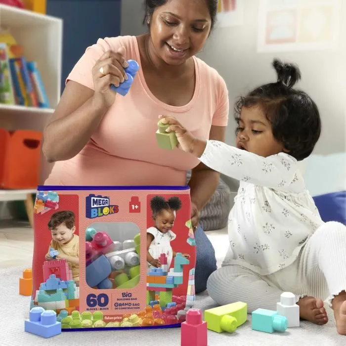 Mega Bloks Sac de Construction 60 Briques Medium Rose pour Enfants 12 mois et +