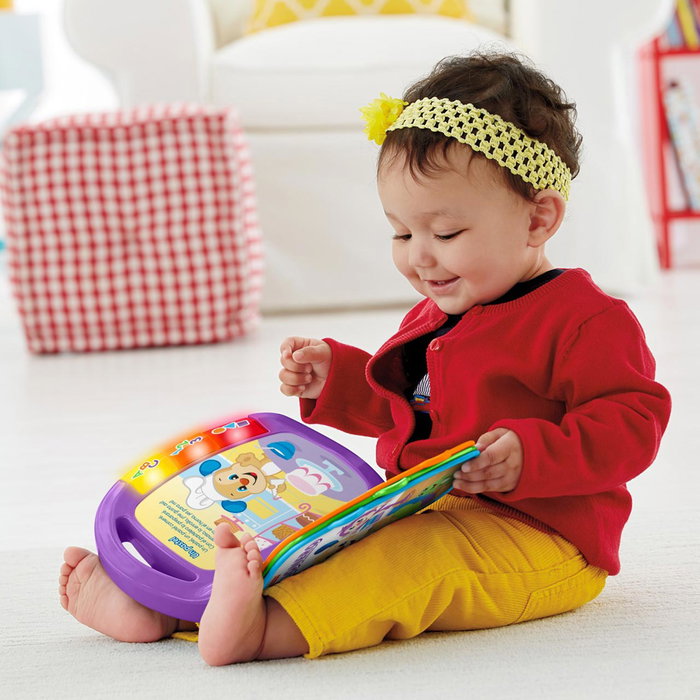 Fisher-Price Livre musical interactif d'apprentissage Ríe y Aprende - 6 langues, avec lumières, apprentissage des lettres, chiffres, formes et couleurs, à partir de 6 mois