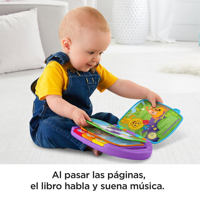 Fisher-Price Livre musical interactif d'apprentissage Ríe y Aprende - 6 langues, avec lumières, apprentissage des lettres, chiffres, formes et couleurs, à partir de 6 mois