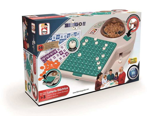 Chicos Bingo électronique avec 24 cartons, 22x37x10 cm - Bombo, cartes, boules et jetons - Plastique - Fonctionne avec 2 piles LR06 Chicos Bingo électronique avec 24 cartons, 22x37x10 cm - Bombo, cartes, boules et jetons - Plastique - Fonctionne avec 2 piles LR06