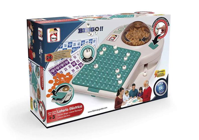 Chicos Bingo électronique avec 24 cartons, 22x37x10 cm - Bombo, cartes, boules et jetons - Plastique - Fonctionne avec 2 piles LR06 Chicos Bingo électronique avec 24 cartons, 22x37x10 cm - Bombo, cartes, boules et jetons - Plastique - Fonctionne avec 2 piles LR06