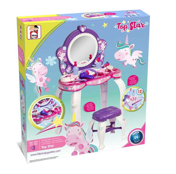 Chicos - Tocador coiffeuse Topstar avec tabouret, 12 accessoires, dimensions 51x56x85 cm, plastique, âge recommandé 3 à 5 ans