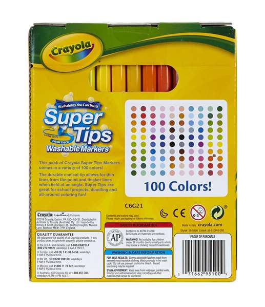 Crayola - Pack de 100 feutres lavables super pointe - Pour coloriage et dessin - Âge recommandé : 3 ans et plus