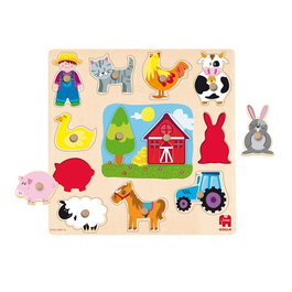 Diset - Puzzle d'éveil en bois à encastrer - Ferme et animaux - Jouet éducatif 12 pièces - À partir de 2 ans - 31x30x1.5 cm