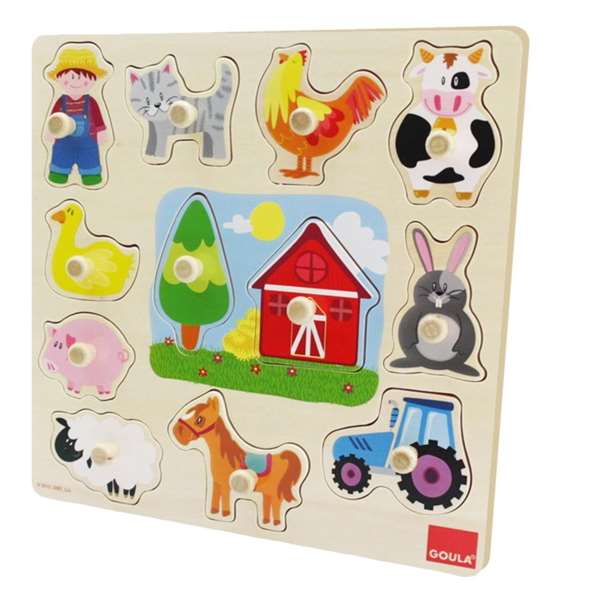 Diset - Puzzle d'éveil en bois à encastrer - Ferme et animaux - Jouet éducatif 12 pièces - À partir de 2 ans - 31x30x1.5 cm