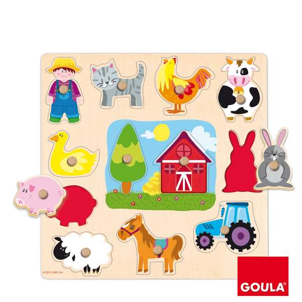 Diset - Puzzle d'éveil en bois à encastrer - Ferme et animaux - Jouet éducatif 12 pièces - À partir de 2 ans - 31x30x1.5 cm