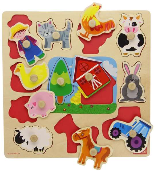 Diset - Puzzle d'éveil en bois à encastrer - Ferme et animaux - Jouet éducatif 12 pièces - À partir de 2 ans - 31x30x1.5 cm