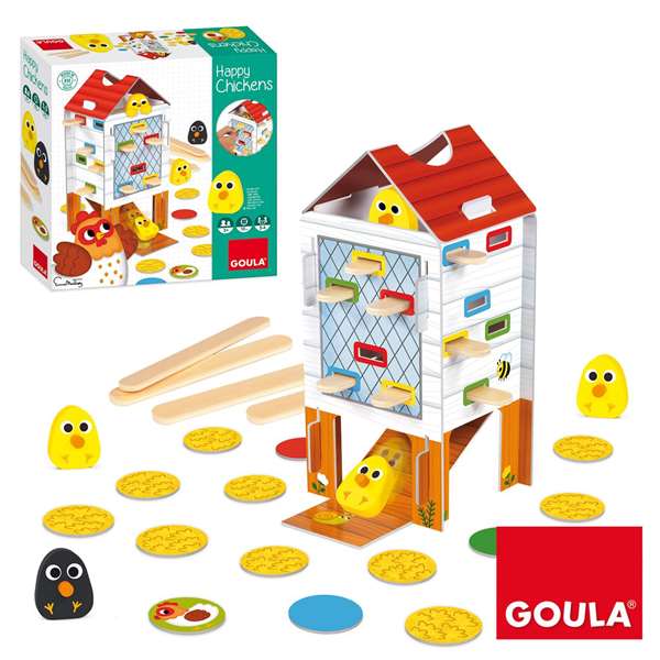 Goula Jeu d'adresse et d'habileté Happy Chickens en bois - Jeu de société pour enfants de 3 à 5 ans - Retirer les bâtons pour trouver les poussins