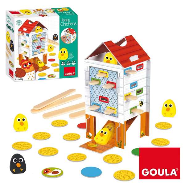 Goula Jeu d'adresse et d'habileté Happy Chickens en bois - Jeu de société pour enfants de 3 à 5 ans - Retirer les bâtons pour trouver les poussins