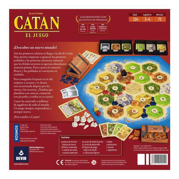 Devir - Jeu de Société Catan en Espagnol - Colonisez l'Île de Catan avec Astuce et Stratégie - Modèles Surtis - De 10 à 99 Ans - Pour 4 Joueurs