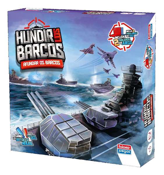 Falomir Jeu de Société Bataille Navale (Hundir Los Barcos) - Jeu en Espagnol pour 2 Joueurs, Boîte en Plastique Rouge/Bleu, Convient à partir de 6 Ans