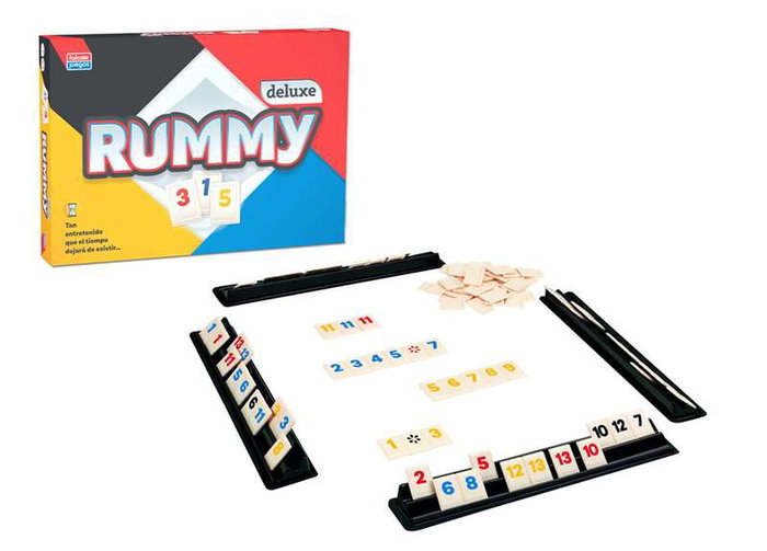 Falomir Juego Rummy Deluxe - Jeu de Rummy en Espagnol et Portugais - Version Deluxe avec 106 Fiches et 4 Supports Falomir Juego Rummy Deluxe - Jeu de Rummy en Espagnol et Portugais - Version Deluxe avec 106 Fiches et 4 Supports