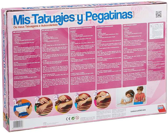 Falomir Juego Tatuajes y Pegatinas - Coffret créatif 250 autocollants et 112 tatouages temporaires avec 4 feutres et pochoirs - À partir de 6 ans
